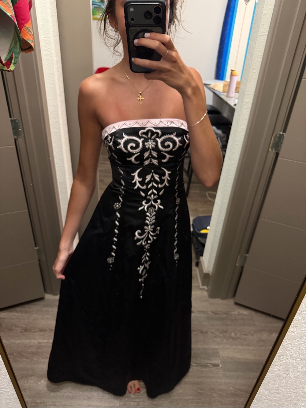 Strapless Black Maxi Dress with White Embroidered Detail - Picture 1 of 3